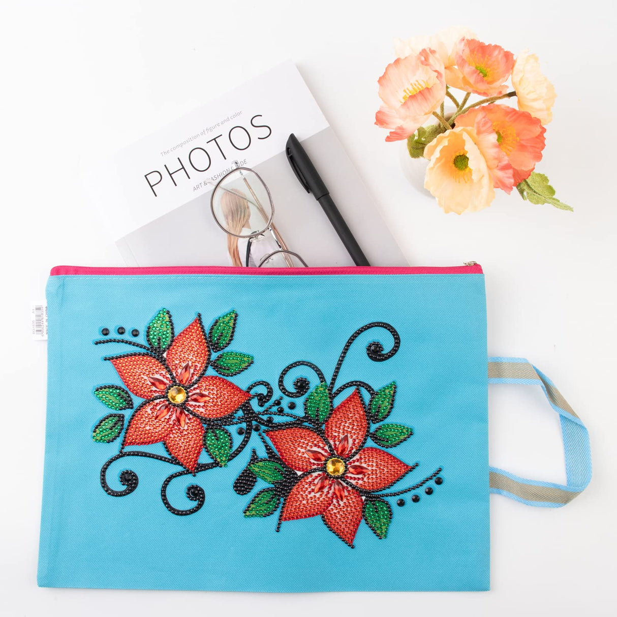 antor 5D DIY Diamond Painting File Bag Reusable Grocery Bags Makeup bags, Stationery Bag for Adults, Durable Fashionable Bags for Shopping Daily Rhinestone Diamond Art Handbag Flower Pattern antor