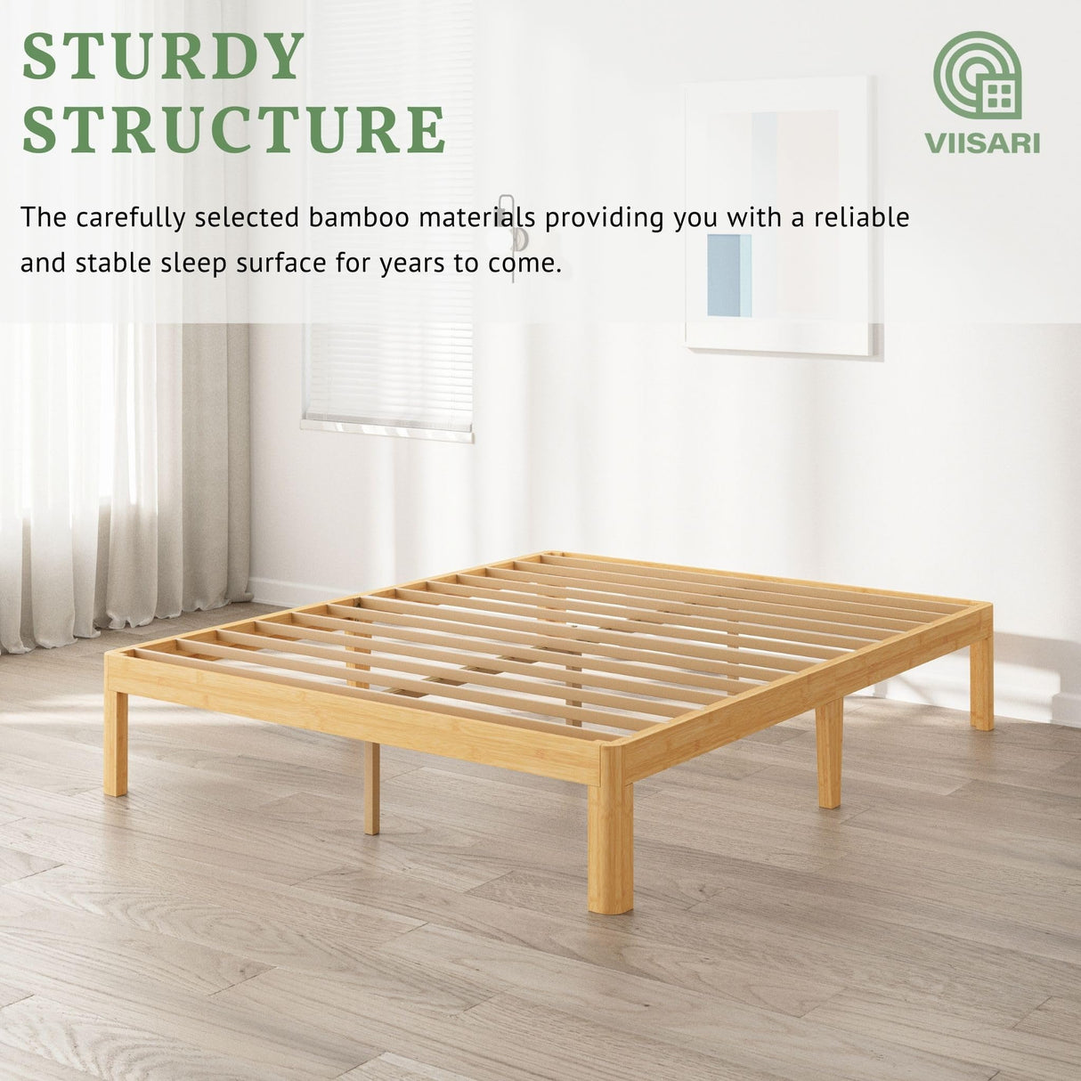 Viisari Bamboo Wood Bed Frame Full with Steel Slats, 12 Inch Platform Full Size Bed Frame No Box Spring Needed, Solid Foundation, Easy Assembly, Ample Under-Bed Storage, Noise-Free Viisari