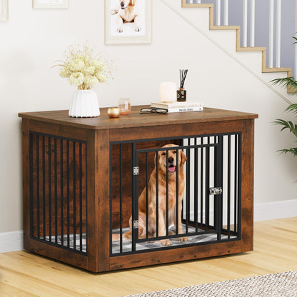 YITAHOME Dog Crate Furniture for Large Dogs, Side End Table, Modern Dogs Kennel Indoor up to 80 lb, 2-in-1 Iron-Wood Fusion Dog Cage with Waterproof Top, Safety Corners, Steel Lock,43" L,Rust - WoodArtSupply