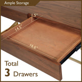 Homes: Inside + Out Lizon Modern 60 Inch Wood Desk With Drawers, Office Table With Storage, Vanity Without Mirror For Bedroom, Study Room, Dorm, Light Walnut Brown & Gold HOMES: INSIDE + OUT