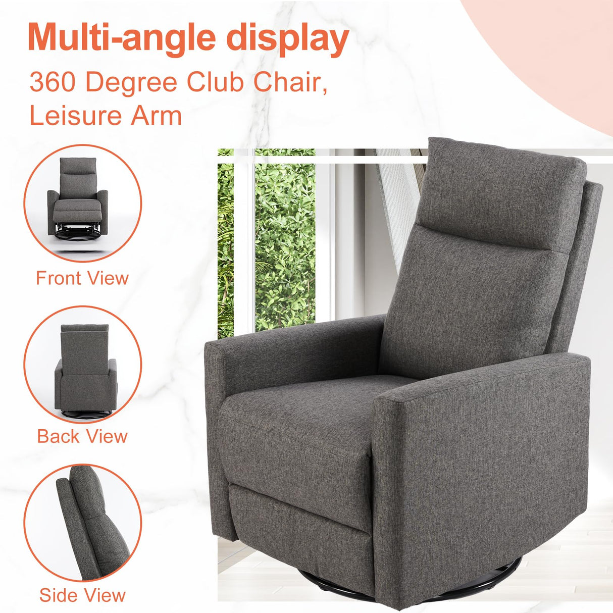 Sweetcrispy Recliner Chair, 360 Swivel Rocker Chair for Adults, Glider Rocker Recliners, Nursery Chairs for Living Room, High Back, Upholstered Deep Seat, Grey Sweetcrispy