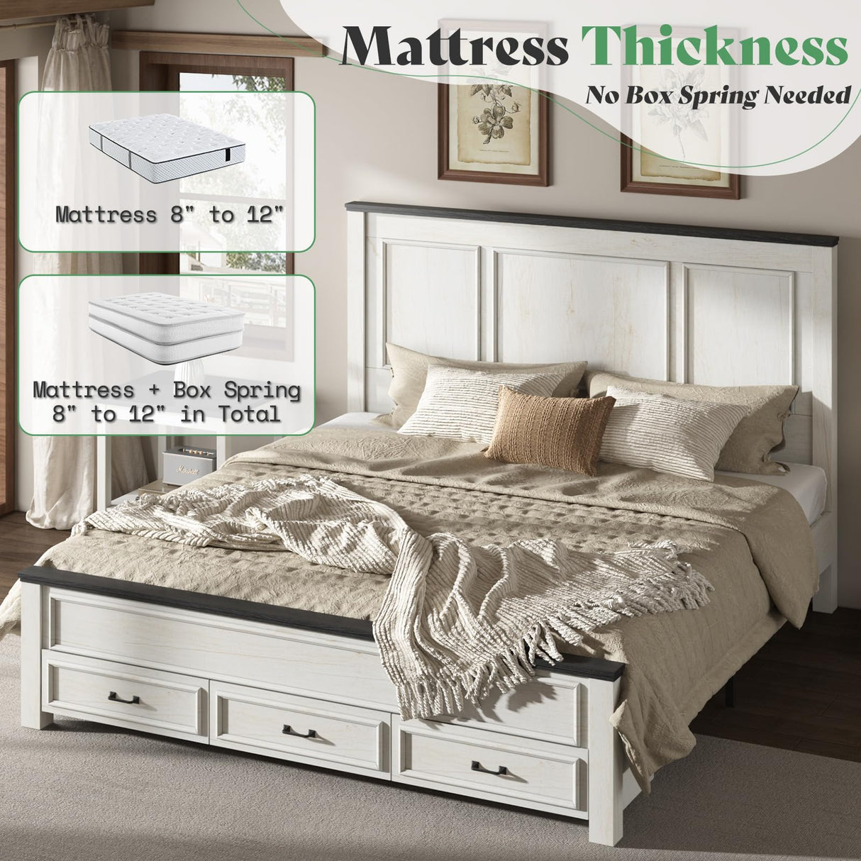 AMERLIFE King Size Bed Frame with 52.2" Tall -Panel Headboard & Footboard, Farmhouse Wood Platform Bed Frame with 3 Large Storage Drawers, Noiseless, No Box Spring Needed, Rustic White AMERLIFE