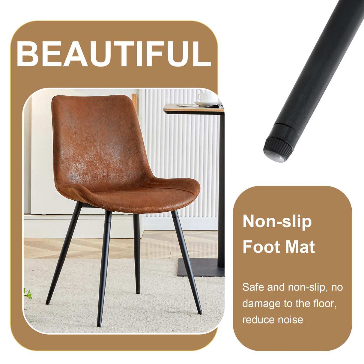 55" Wooden Dining Table Set for 4 with Walnut Tabletop and Brown Upholstered Chairs, Industrial Style Kitchen Table Chairs Set of 4 for Dining Room Runave