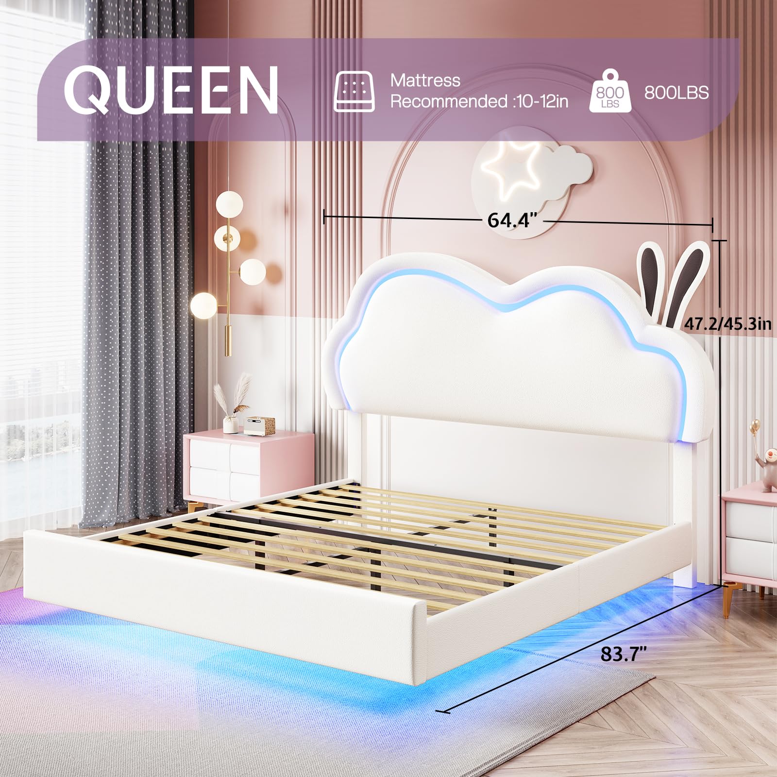 Jocisland LED Queen Bed Frame with Cloud Headboard – Upholstered White Floating Design, No Box Spring Needed - WoodArtSupply