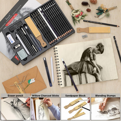 Brusarth Charcoal Pencils for Drawing, Set of 26, Professional Drawing Sketch Pencils, Art Supplies for Drawing, Shading, Sketching, Blending, Artist Pencils for Beginners & Pro Artists Brusarth