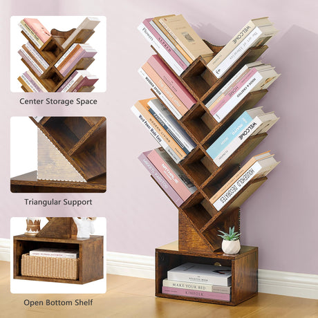Gewudraw Tree Bookshelf with Lights LED, 4 Tier Book Shelf, Small Tree Bookcase with Storage Organizer,Floor Standing Corner Bookshelf for Bedroom, Living Room & Home Office, Rustic Brown Gewudraw