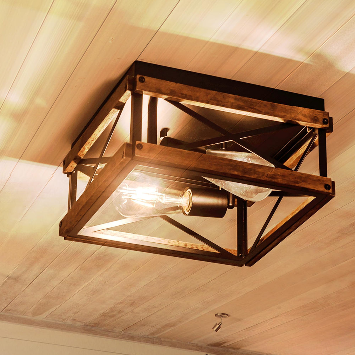 MAYNA 2-Light Industrial Ceiling Light Fixtures, Farmhouse Flush Mount Ceiling Light, Metal and Wood Square Dining Room Light Fixture for Hallway Bedroom Balcony Farmhouse,Black MAYNA