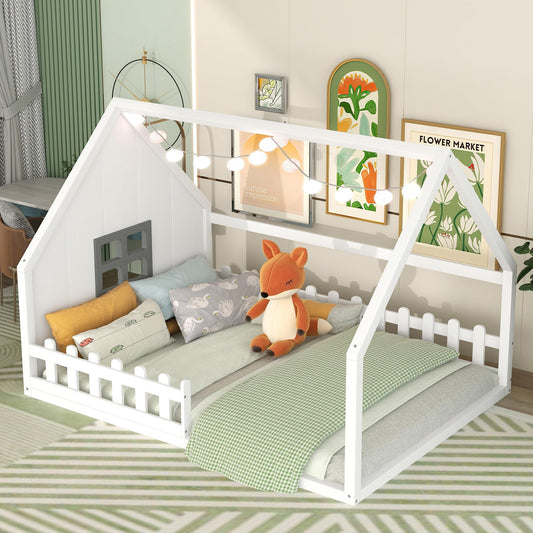 Bellemave White Full Size House Bed for Kids with Fenced Rails and Window - WoodArtSupply