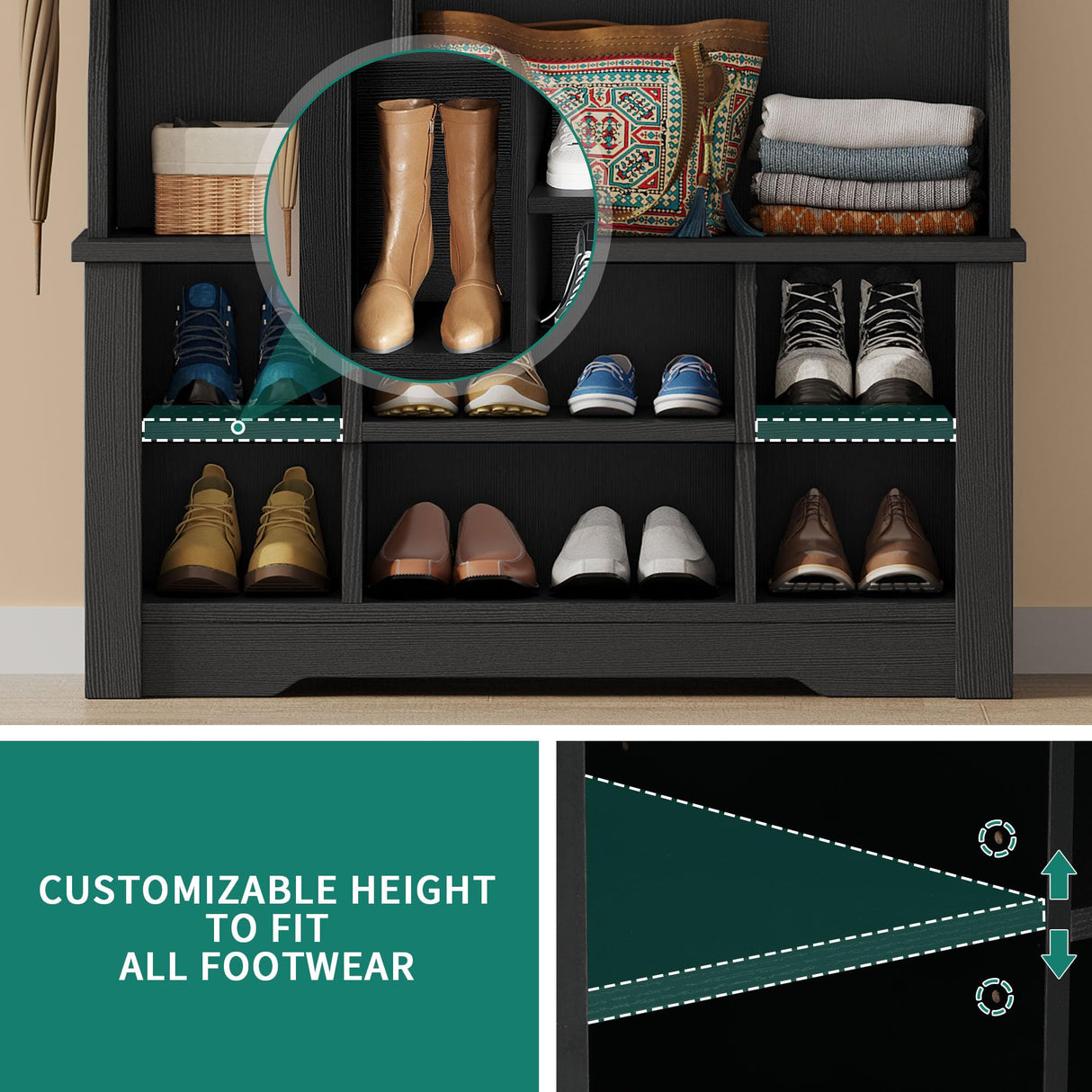 YITAHOME 39" Farmhouse Hall Tree with Entryway Bench, Wood Coat Rack with Storage Shelves, 5 Coat Hooks, 6 Shoe Cubbies w/Adjustable Shelves, Rustic Hall Tree for Entryway Hallway Foyer Narrow, Black YITAHOME