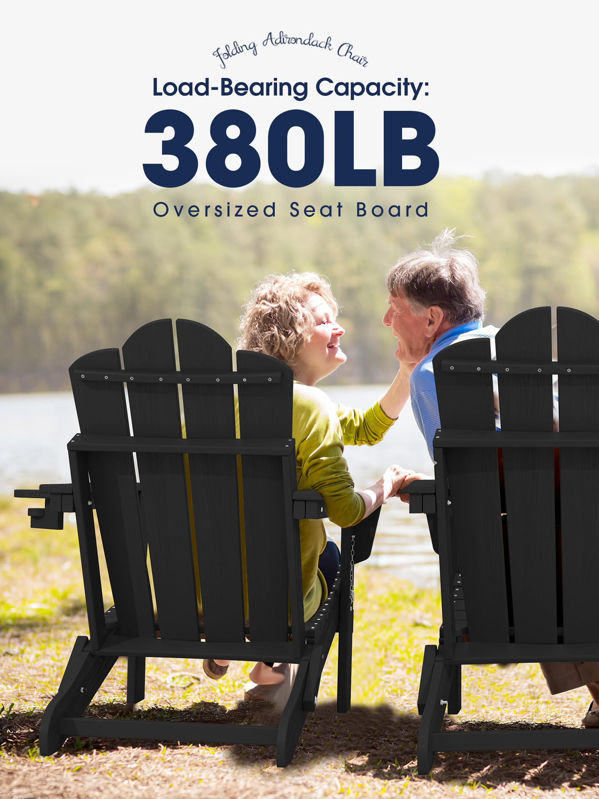 KINGYES Folding Adjustable Backrest Adirondack Chair with Cup Holder, Oversized Weather Resistance Adirondack Chair, HDPE Reclining Adirondack Chair for Adult, Black KINGYES