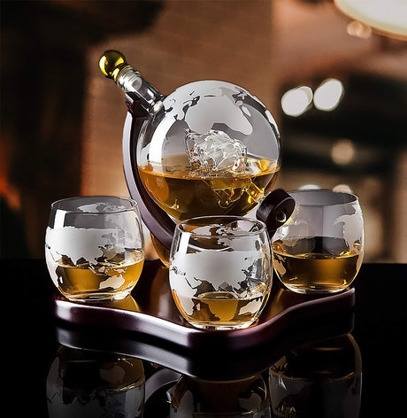 Attractive Home Bar Décor 5pc Whiskey/Wine Globe Decanter Set, World Etched Bottle with 4 Premium Glass Cups on Attractive Mahogany Wood Stand. - THE PERFECT PRESENT - Le'raze
