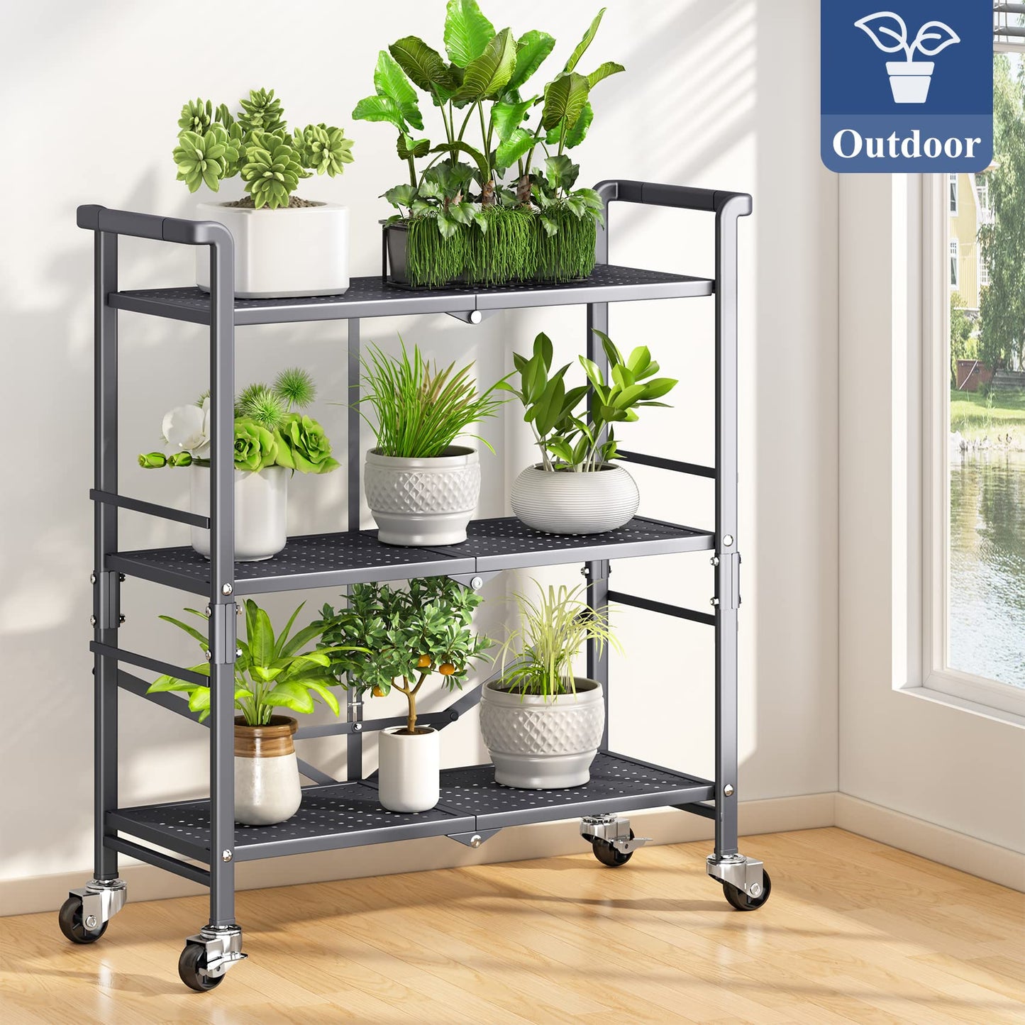 3 Tier Rolling Utility Foldable Cart - Metal Folding Cart with Wheels, Collapsible Service Cart Storage Shelf Rack for Kitchen Office Garage Plant Outdoor cart, Gray