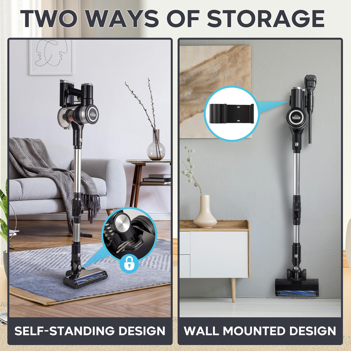 Bison Edge Cordless Vacuum Cleaner, 6-in-1 Powerful Suction with Brushless Motor with a 2500 mAh Battery, 180° Bendable Stick, Lightweight, for Carpet and Hard Floor Bison Edge