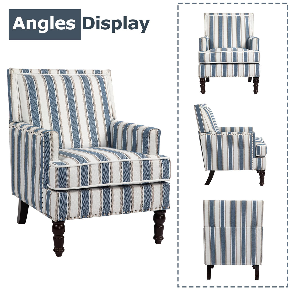 WakeZero Accent Chair, Modern Comfy Mid-Century Accent Chairs，Linen Upholstered Lounge Arm Chair with Solid Wood Reading Side Padded Single Sofa for Living Room/Office/Balcony/Bedroom-Blue Stripe WakeZero