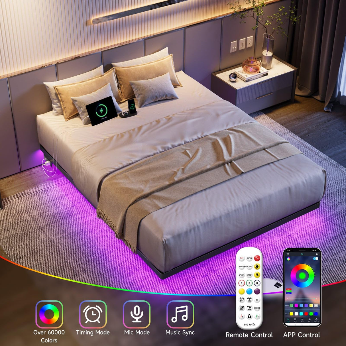 ONBRILL Queen Size Floating Bed Frame with Smart LED Lights and USB Charging Station, Heavy Duty Metal Construction ONBRILL