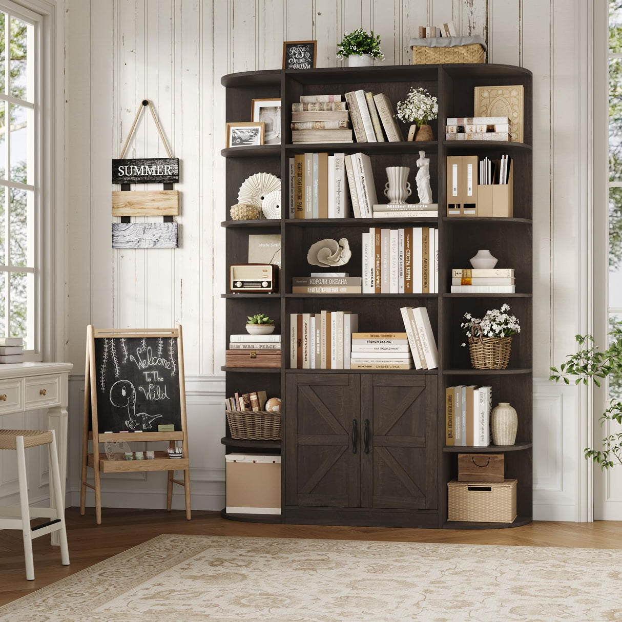 HOSTACK 75" Tall Book Shelf and Bookcase, 6 Tier Bookshelf with Storage, 47" Wide Bookcase with Doors, Freestanding Wood Display Shelves with Book Storage Cabinet for Home Office, Dark Brown HOSTACK