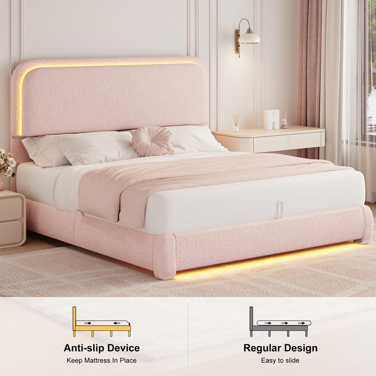Queen Bed Frame, Soft Teddy Fleece Upholstered Platform Bedframe with Thickened Rounded Corners Headboard Footboard, Modern Curved Shaped Cloud Bed Frame with LED Lights, No Box Spring Needed, Pink SIBEDS