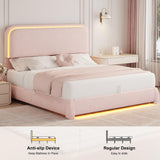 Queen Bed Frame, Soft Teddy Fleece Upholstered Platform Bedframe with Thickened Rounded Corners Headboard Footboard, Modern Curved Shaped Cloud Bed Frame with LED Lights, No Box Spring Needed, Pink SIBEDS