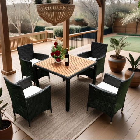 EMKK 5 Piece Outdoor Dining Set All-Weather Wicker Patio Table and Chairs with Cushions, Acacia Glass Tabletop for Backyard Porch Garden Poolside, OneSize, Black+Cream EMKK