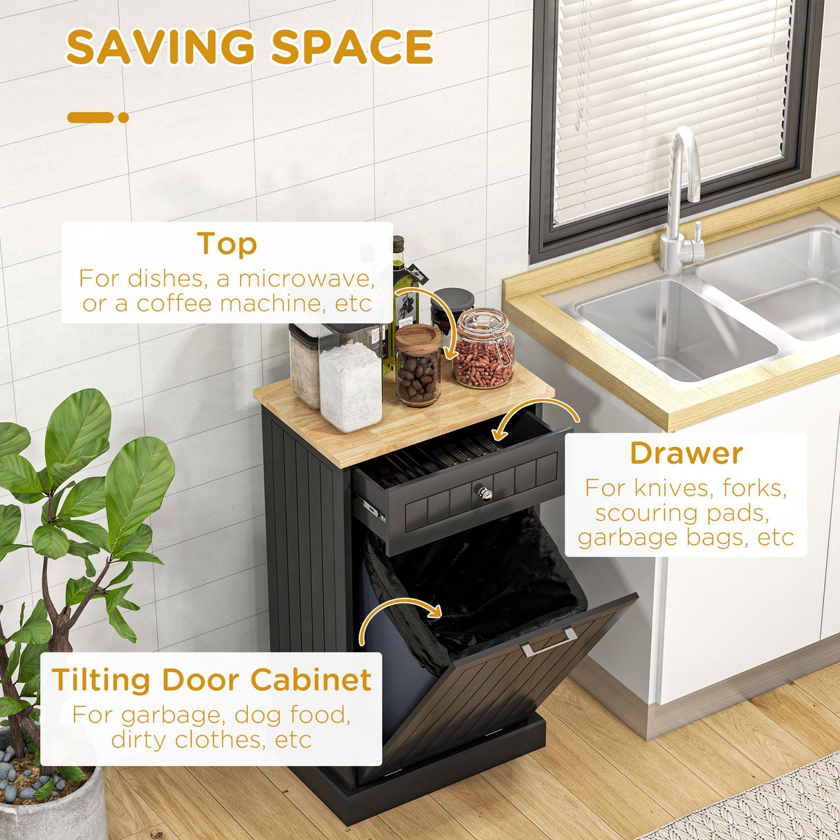 HOMCOM Kitchen Tilt Out Trash Bin Cabinet Free Standing Recycling Cabinet Trash Can Holder with Drawer, Black HOMCOM