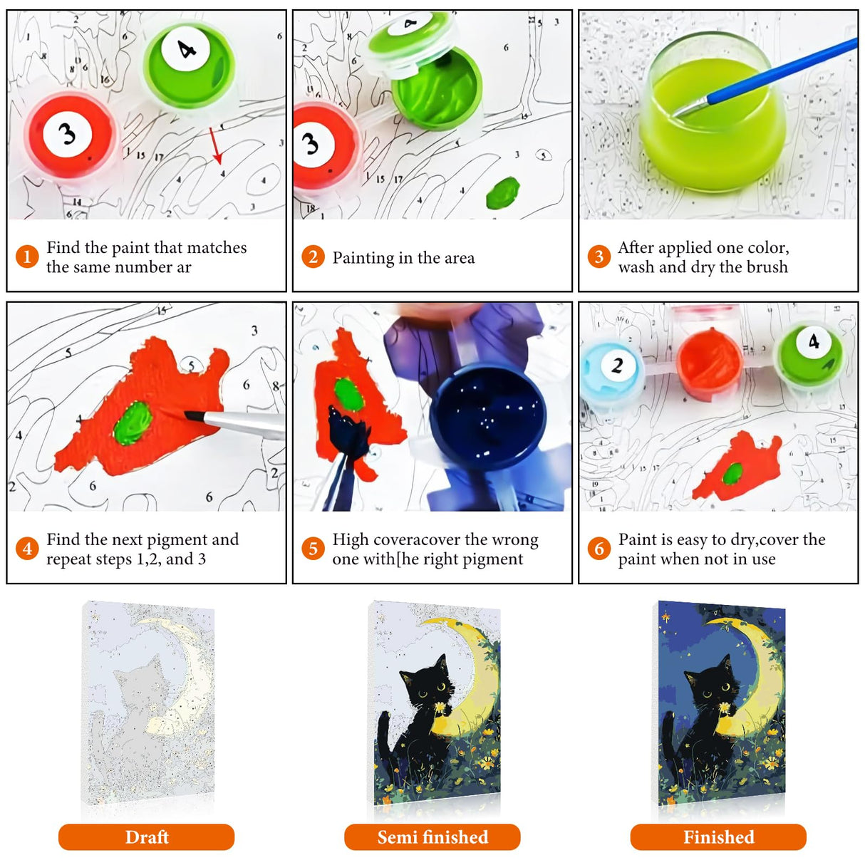 Fountor Cat Framed Paint by Numbers Kit for Adults Beginner & Kids Ages 8-12, Black Cat Paint by Number with Frame, Acrylic Moon Painting by Numbers Kit on Canvas 8x12 inch Fountor