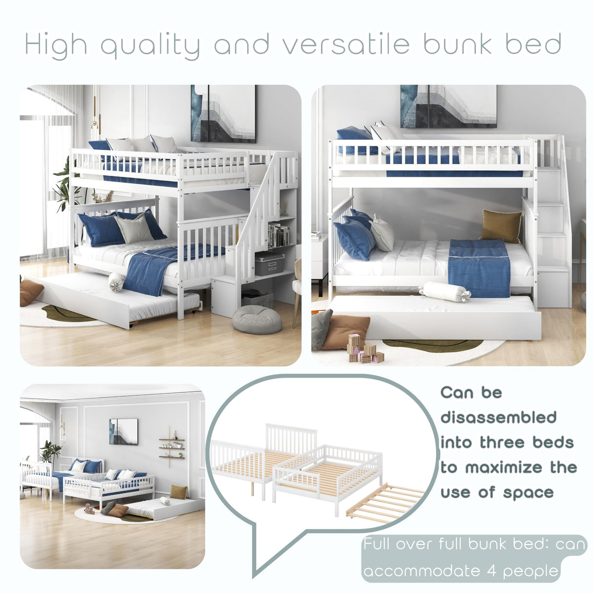 Full Over Full Bunk Beds with Trundle and Stairs Stairway Bunk Bed Frame with Storage Shelves for Kids Teens Adult, Detachable Wood Full Bunk Bed for Boys Girls Adults, White Bellemave