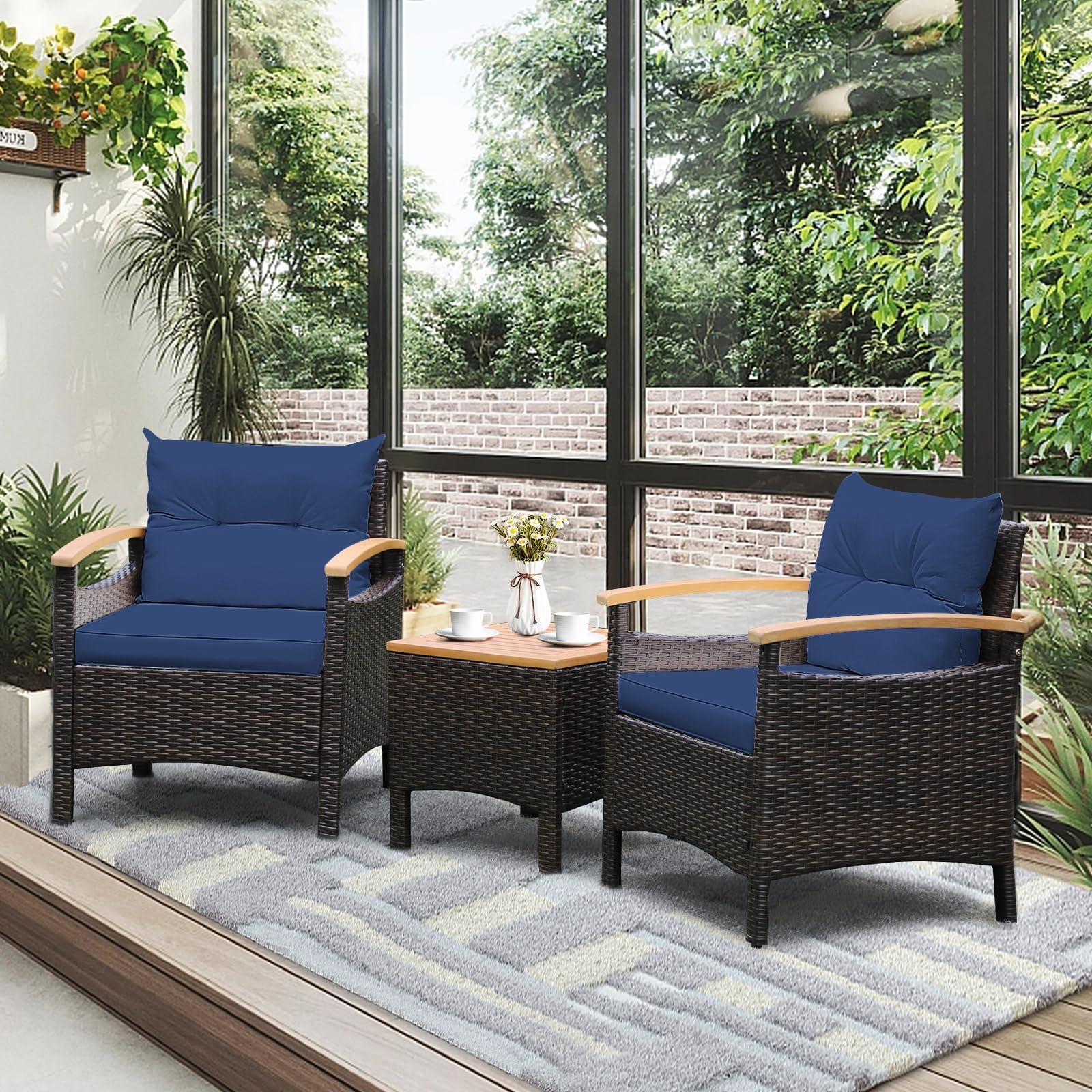 KOTEK 3 Piece Patio Furniture Set, Outdoor Conversation Set with Removable Cushions, Acacia Wood Tabletop and Armrests, PE Rattan Wicker Bistro Set for Porch, Balcony, Backyard (Navy Blue) - WoodArtSupply