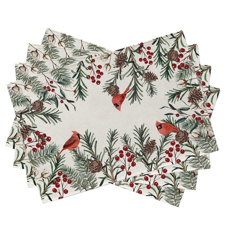 Seliem Winter Cardinal Birds Placemats Set of 4, Red Berries Branch Pine Cone Cotton Vintage Dining Table Place Mats, Seasonal Christmas Holiday Kitchen Decor Home Decoration 12 x 18 Inch Seliem