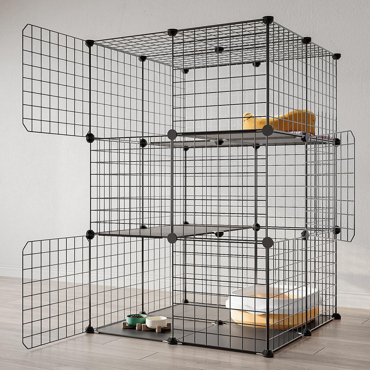 Eiiel 3-Tier Cat Cage Indoor Enclosure DIY Cat Playpen Catio Detachable Metal Wire Kennels 2Lx2Wx3H Crate Large Exercise Place Ideal for 1-2 Cats, Black Eiiel