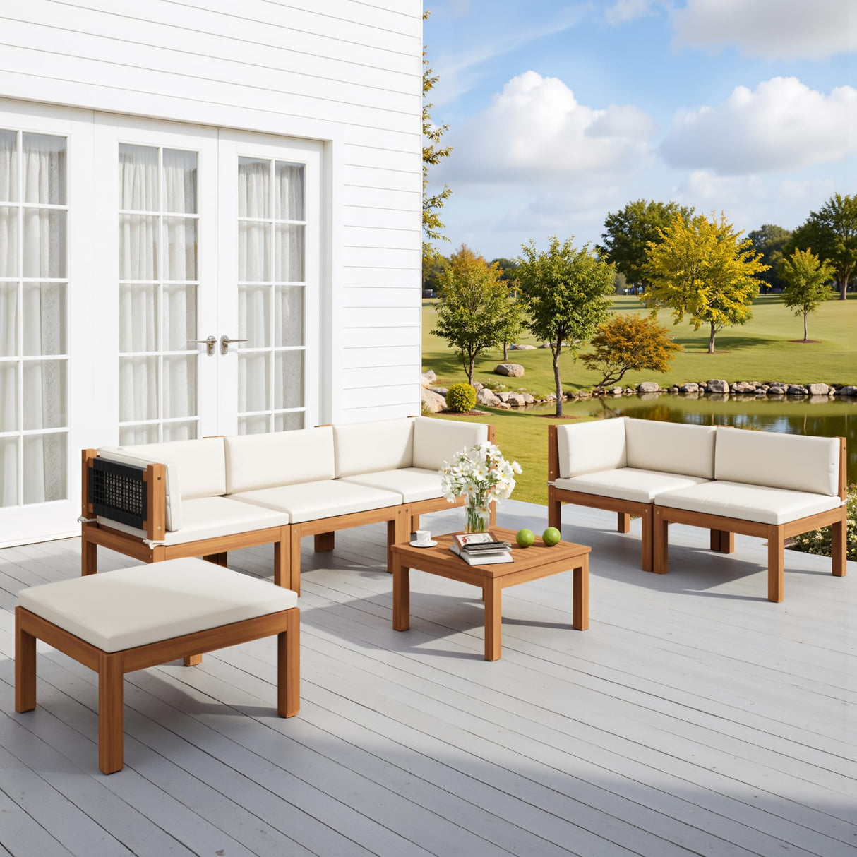 Devoko 7 Piece Acacia Wood Patio Sofa, Outdoor Sectional Coach and Love Seat with Coffee Table, Acacia Wood Patio Furniture Set for Balcony,Porch,Garden Devoko