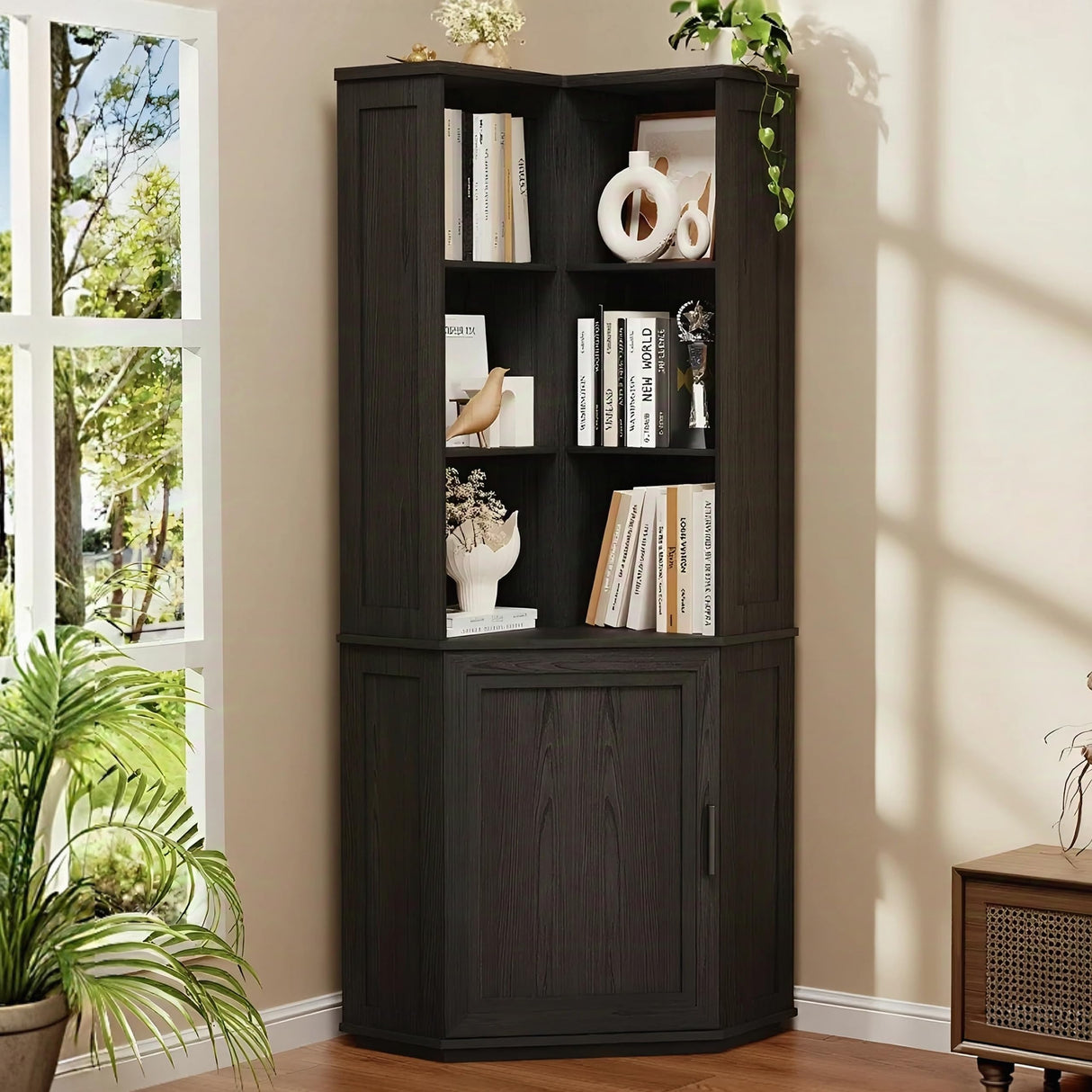 BROTTAR Corner Bookshelf, 67" Tall Corner Bookcase with Large Storage, Storage Cabinet for Books, L-Shaped Bookshelf with Cabinet for Living Room, Home Office, Bedroom, Black BROTTAR