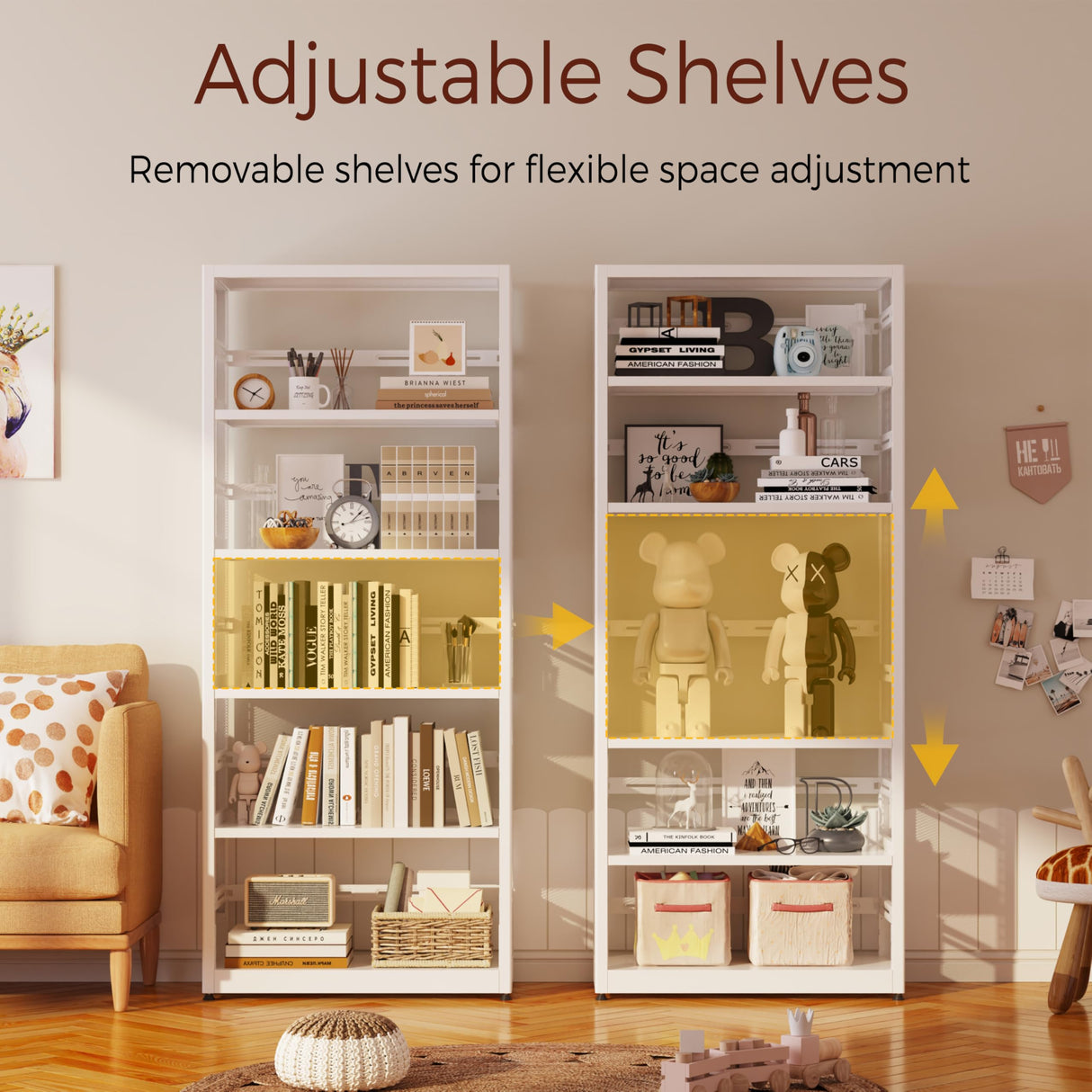 Kubohogar 5 Tier Metal Bookshelf, 68" White Tall Bookshelf with Adjustable Shelves, Heavy Duty Bookshelves and Bookcases, Library Bookcase for Living Room,Office,Bedroom Kubohogar