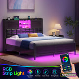 Rolanstar Bed Frame Queen Size with Charging Station, Bookcase Headboard Bed with LED Light and Sliding Doors, Platform Bed with Wooden Slats, No Box Spring Needed, Noise Free, Black Rolanstar