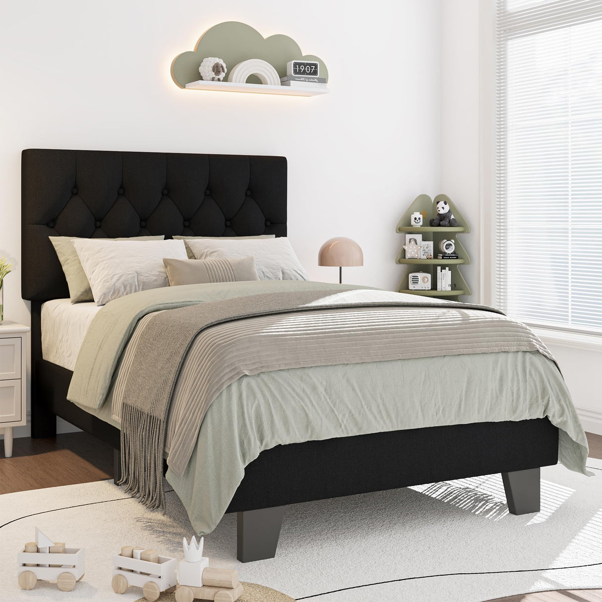 iPormis Upholstered Twin Size Bed Frame with Button Tufted Headboard, Linen Platform Bed with Thickened Support Legs, Padding Edge Design/Noise-Free/No Box Spring Needed, Black iPormis