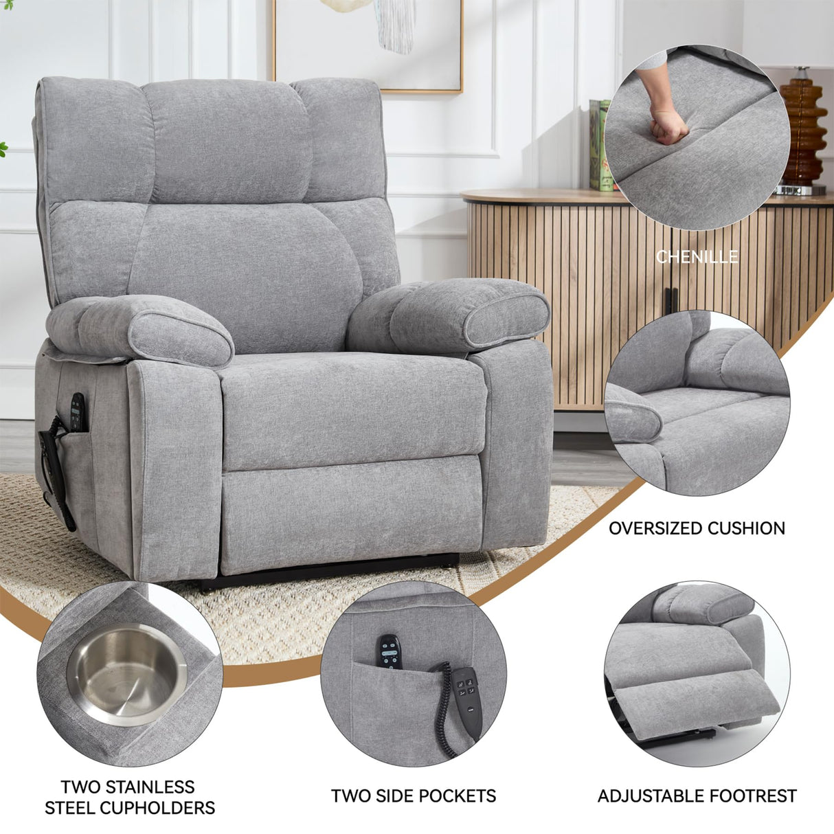 RHHVVR Oversized Power Lift Recliner Chair with Massage and Heating, 24.8" W Big Lay Flat Lift Recliner for Elderly, Medium-Firm Electric Recliners with Hidden Cup Holders,Gray RHHVVR