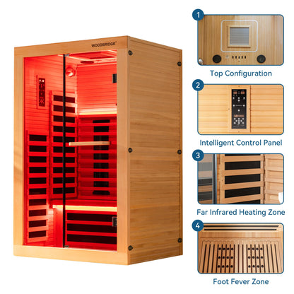 WOODBRIDGE Infrared Home Sauna Room 2 Person Hemlock Wooden Indoor Sauna,7 Carbon 1980W/120V Heaters,with Led Color Therapy Light,Bluetooth Speaker,Tempered Glass,Touch-Tone Keypad and A Top Vent