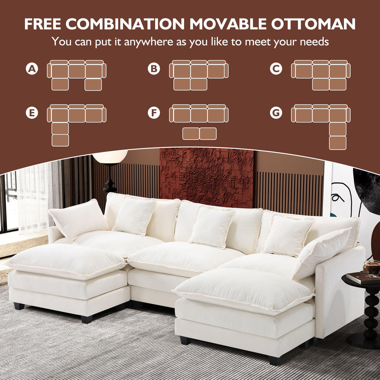 Ihanherry 111.4" U Shaped Cloud Couch Modern Modular Sectional Sofa with 2 Ottoman, 5-Seat Chenille Deep Seat Sofa with 5 Pillows for Living Room, Bedroom and Apartment, Beige Ihanherry