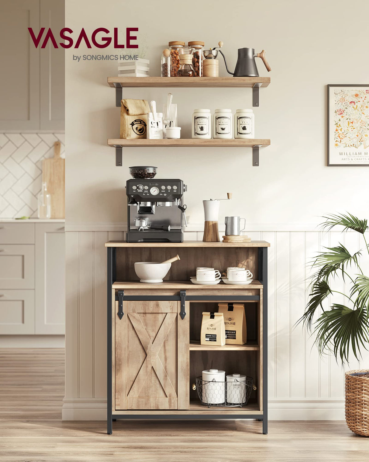 VASAGLE Buffet Cabinet, Sideboard with Open Compartment, Sliding Barn Door, 11.8"D x 27.6"W x 31.5"H, Toasted Oak and Black ULSC089B50 VASAGLE