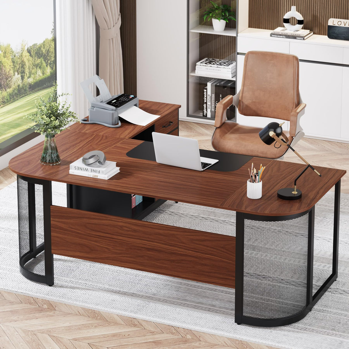 Tribesigns 63" Executive Desk with 31" File Cabinet, L-Shaped Office Desk with Drawer and Storage Shelves, Large Computer Desk Workstation Business Furniture Set for Home Office Tribesigns