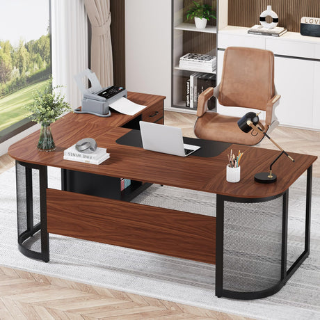 Tribesigns 63" Executive Desk, L-Shaped Desk with Drawer Cabinet, Large Corner Executive Office Desk with Storage Shelves, Business Furniture Set Workstation for Home Office (Brown & Black) Tribesigns