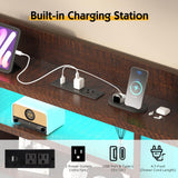 LUXOAK Full Farmhouse Bed Frame with Bookcase Headboard and 4 Drawers, LED Storage Bed with Charging Station & Linen Upholstered, No Box Spring Needed, Reclaimed Barnwood LUXOAK