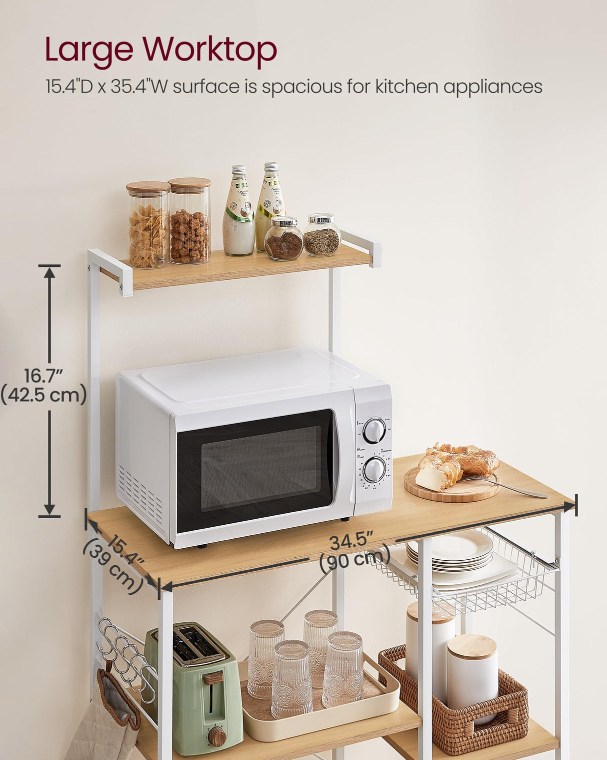 VASAGLE Baker's Rack, Microwave Stand, Kitchen Storage Rack with Wire Basket, 6 Hooks, and Shelves, for Spices, Pots, and Pans, Golden Oak and Cloud White UKKS035W09 VASAGLE
