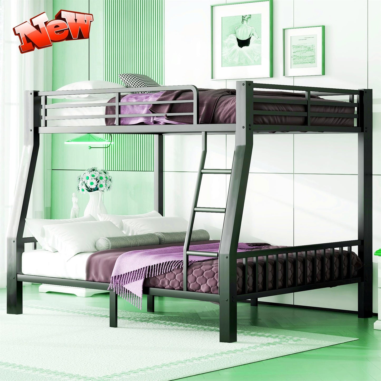 TSAMPA Latest Upgraded & Stronger Heavy Duty Black Metal Bunk Bed Frame Full XL Over Queen Size, Thickened Safer More Stable Bunkbed Bunk Queen Bed (Easier to Assemble) (Full XL Over Queen)