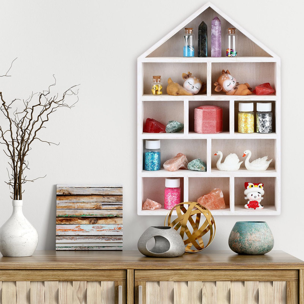 Threehoney House Shaped Wooden Shadow Cubby Box 10 W x 2 1/4 D x 15 H Hanging Display Shelf Organizer Wall Mounted Curio Cabinet Wooden Display Case Miniature Shelf for Figures(Wood Color) Threehoney