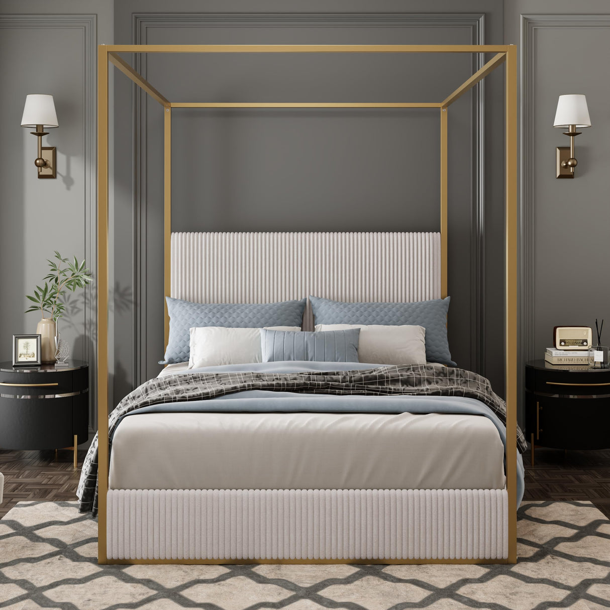 Queen Size Metal Canopy Bed with Tall Upholstered Channel Headboard and Gold 4 Poster, No Box Spring Needed (Beige+Gold, Queen) BEDGJH