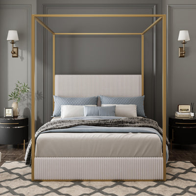 Queen Size Metal Canopy Bed with Tall Upholstered Channel Headboard and Gold 4 Poster, No Box Spring Needed (Beige+Gold, Queen)