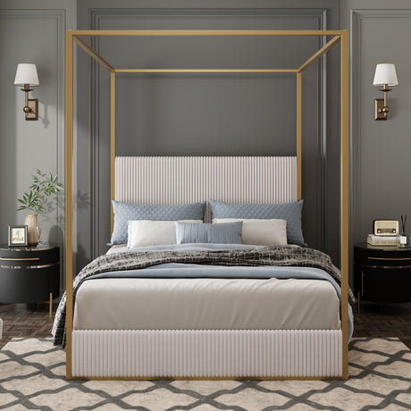 King Size Metal Canopy Bed with Tall Upholstered Channel Headboard and Gold 4 Poster, No Box Spring Needed (Beige+Gold, King) BEDGJH
