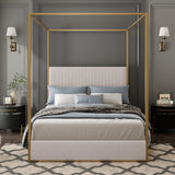 LUMISOL Metal Canopy Bed with Upholstered Headboard, Metal 4 Poster Canopy Bed, No Box Spring Needed, King Size Corduroy Platform Bed, Beige LUMISOL