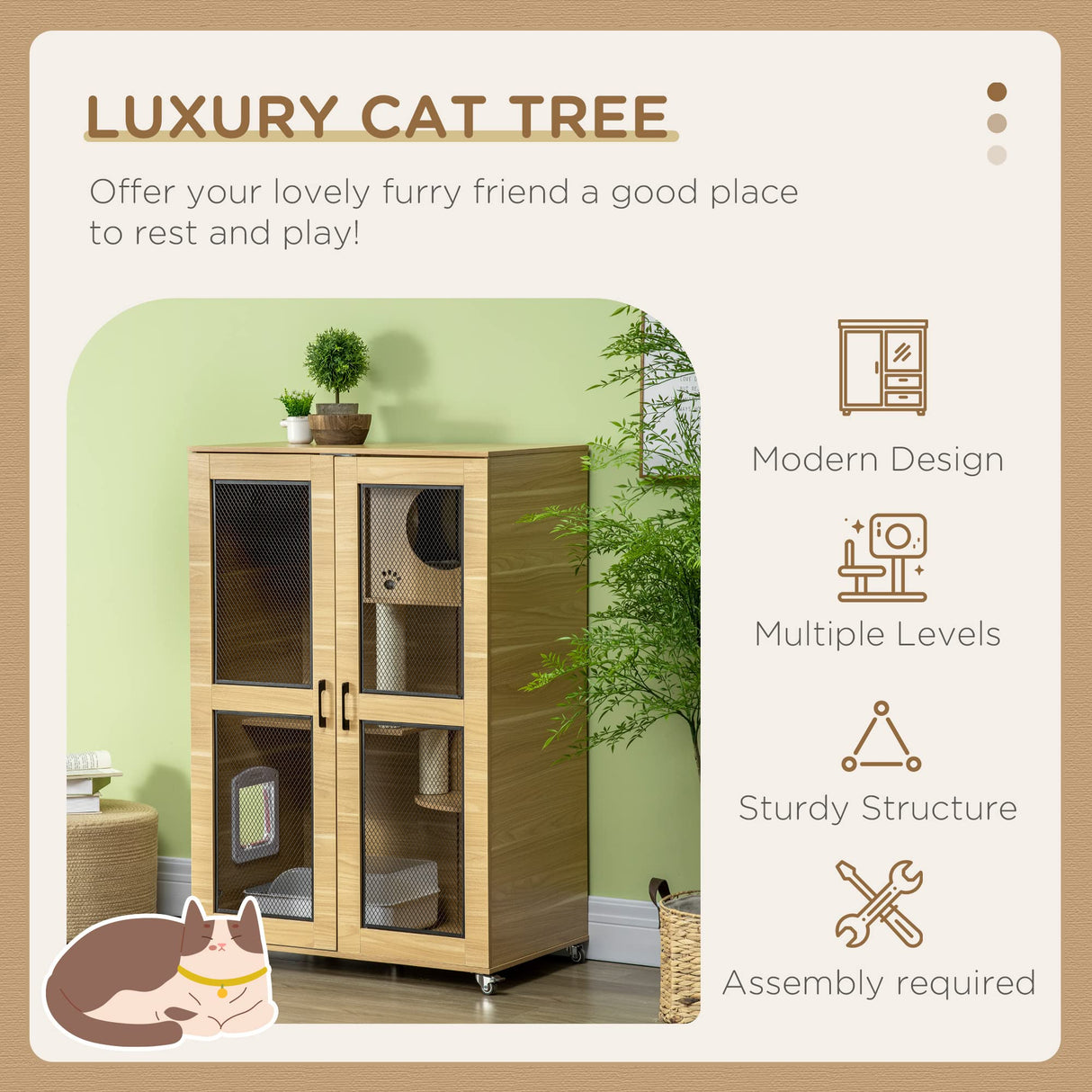 PawHut Cat House with Cat Tree Inside, Wheeled Kitty Cage for Indoor Cats with Scratching Posts, Condo, Flap Door, Cushion, Oak, 31.5" x 20" x 48.5" PawHut