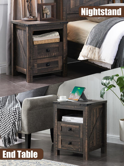 T4TREAM Nightstand with Charging Station, End Table, Side Table with 2 Drawers Storage Cabinet for Bedroom, Living Room, Farmhouse Design, Wood Rustic, Dark Rustic Oak - WoodArtSupply